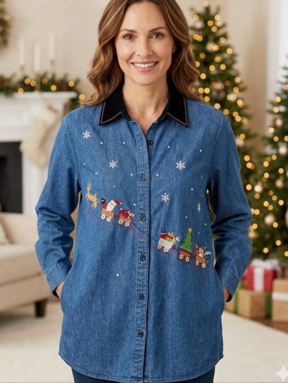 Bobbie Brooks Womens 18/20 Denim Button-Up Embroidered Christmas Shirt Vtg XL